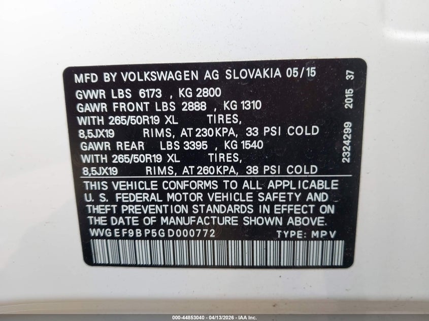 2016 Volkswagen Touareg Vr6 Lux VIN: WVGEF9BP5GD000772 Lot: 44853040