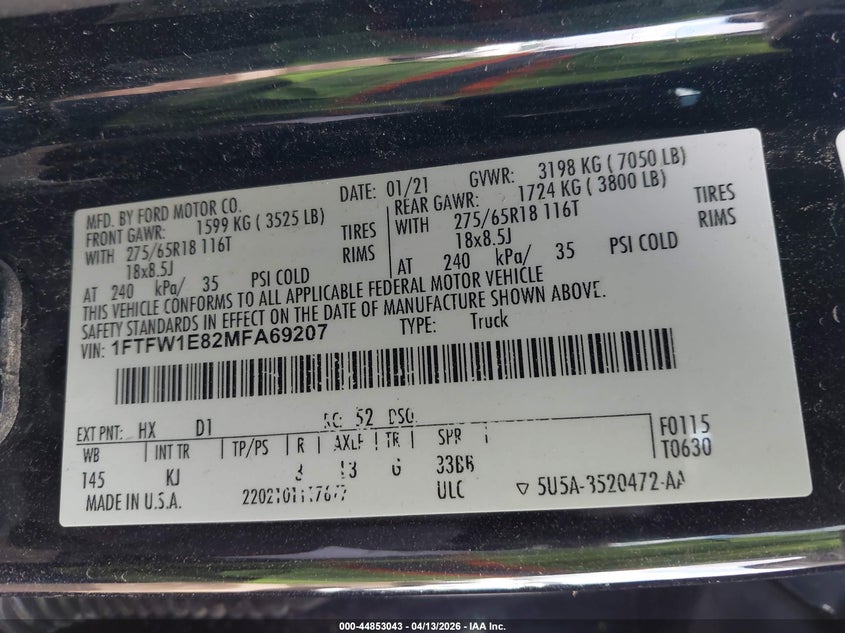 2021 FORD F-150 TRUCK 3.5L V-6 DI, DOHC, VVT, TURBO, 400HP