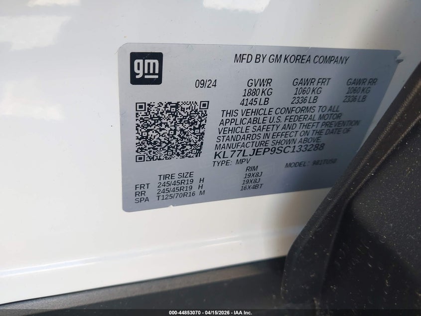 2025 Chevrolet Trax Fwd 2Rs VIN: KL77LJEP9SC133288 Lot: 44853070