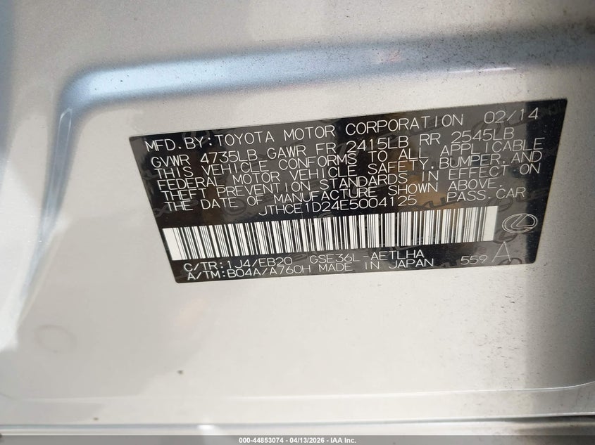 2014 Lexus Is 3.5 Is 350 silver Lot 111044853074 Vin JTHCE1D24E5004125