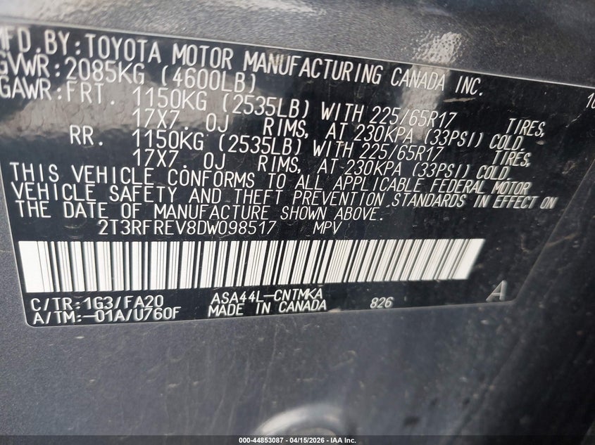 2013 Toyota Rav4 Xle VIN: 2T3RFREV8DW098517 Lot: 44853087