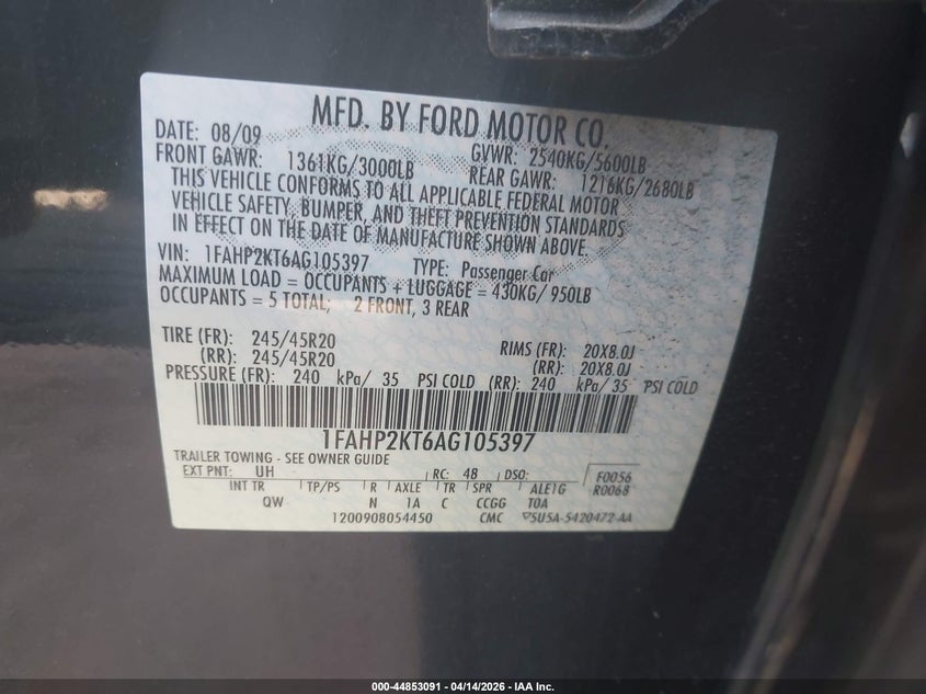 2010 Ford Taurus Sho VIN: 1FAHP2KT6AG105397 Lot: 44853091