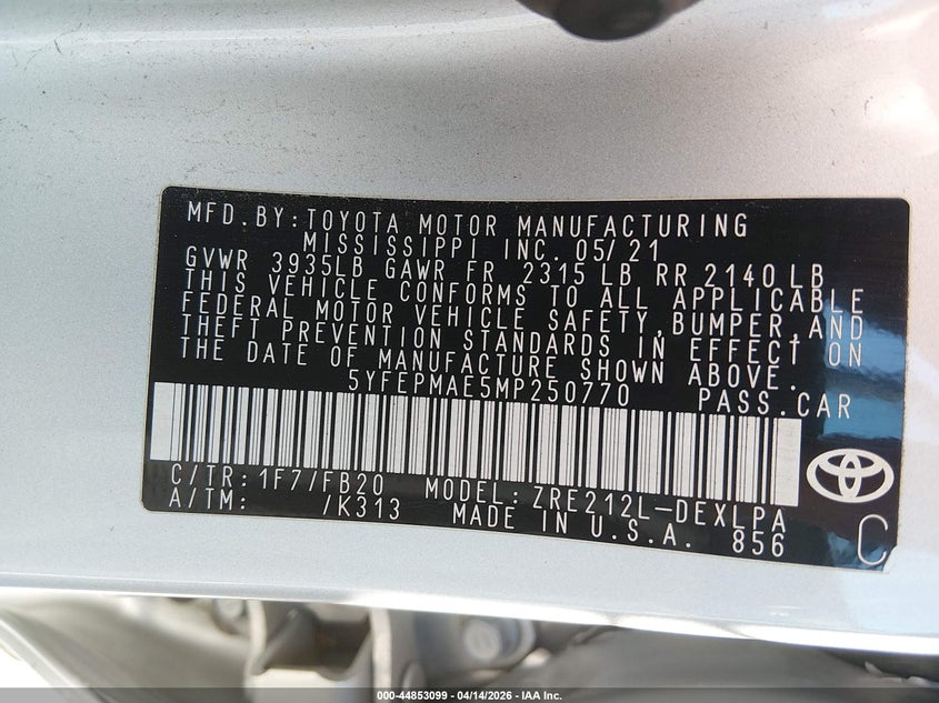 2021 Toyota Corolla 1.8 Le silver Lot 111044853099 Vin 5YFEPMAE5MP250770