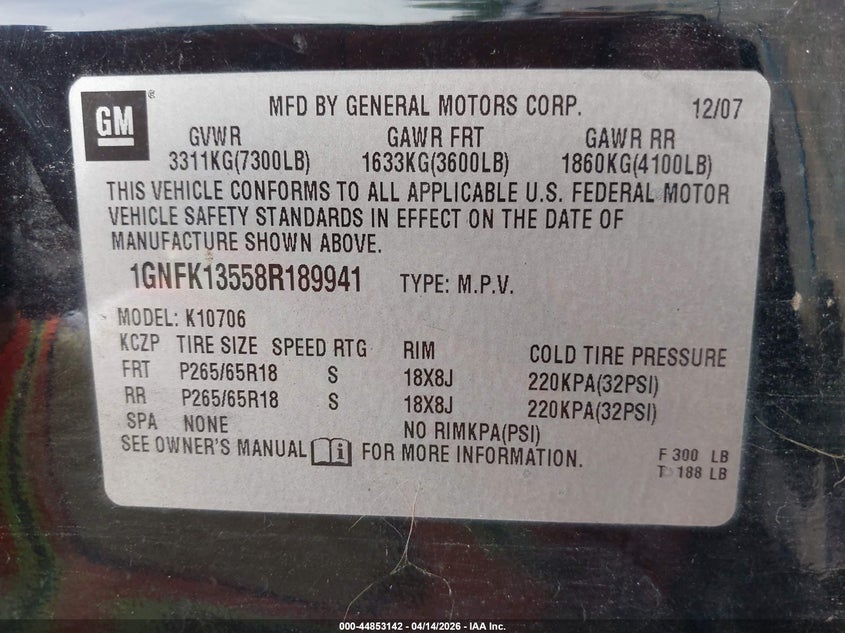 2008 Chevrolet Tahoe Hybrid VIN: 1GNFK13558R189941 Lot: 44853142
