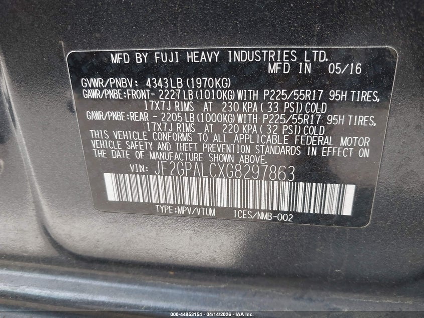 2016 Subaru Crosstrek 2.0I Limited VIN: JF2GPALCXG8297863 Lot: 44853154