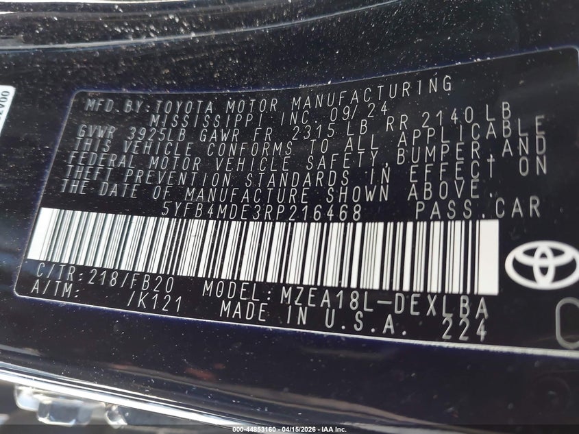 2024 Toyota Corolla Le VIN: 5YFB4MDE3RP216468 Lot: 44853160