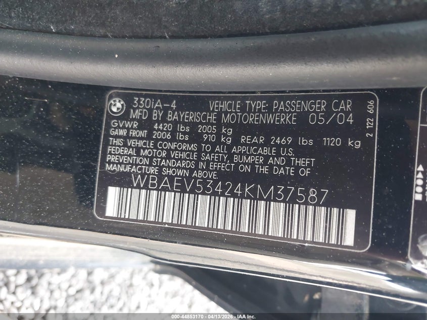2004 BMW 330I VIN: WBAEV53424KM37587 Lot: 44853170
