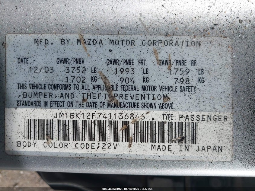 2004 Mazda Mazda3 I VIN: JM1BK12F741136846 Lot: 44853192