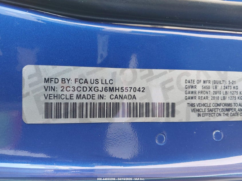 2021 Dodge Charger Scat Pack Rwd VIN: 2C3CDXGJ6MH557042 Lot: 44853206