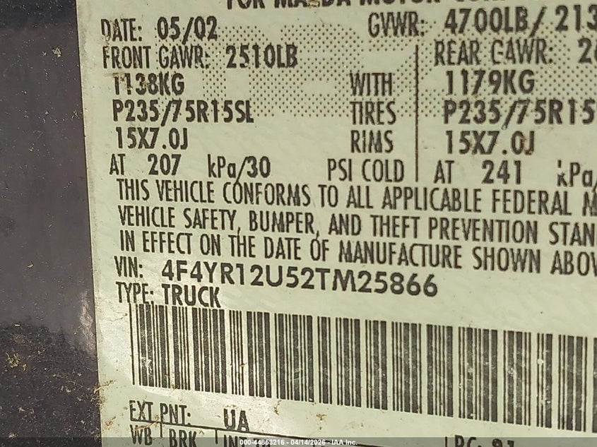 2002 Mazda B3000 Ds VIN: 4F4YR12U52TM25866 Lot: 44853216