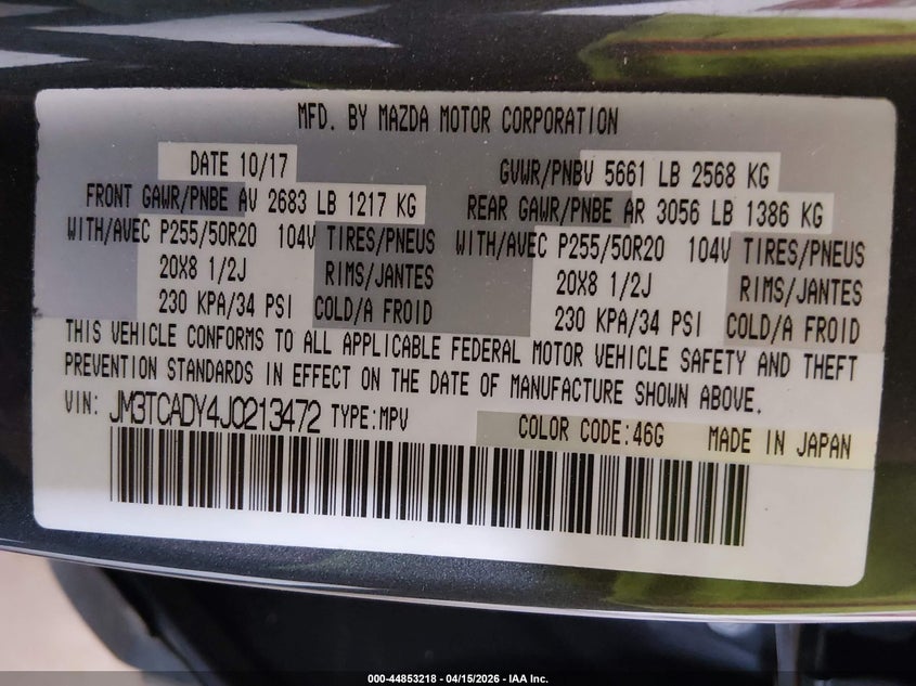 2018 Mazda Cx-9 Grand Touring VIN: JM3TCADY4J0213472 Lot: 44853218