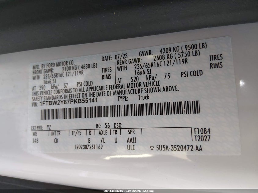 2023 Ford Transit 3.5 -350 white Lot 111044853246 Vin 1FTBW2Y87PKB55141