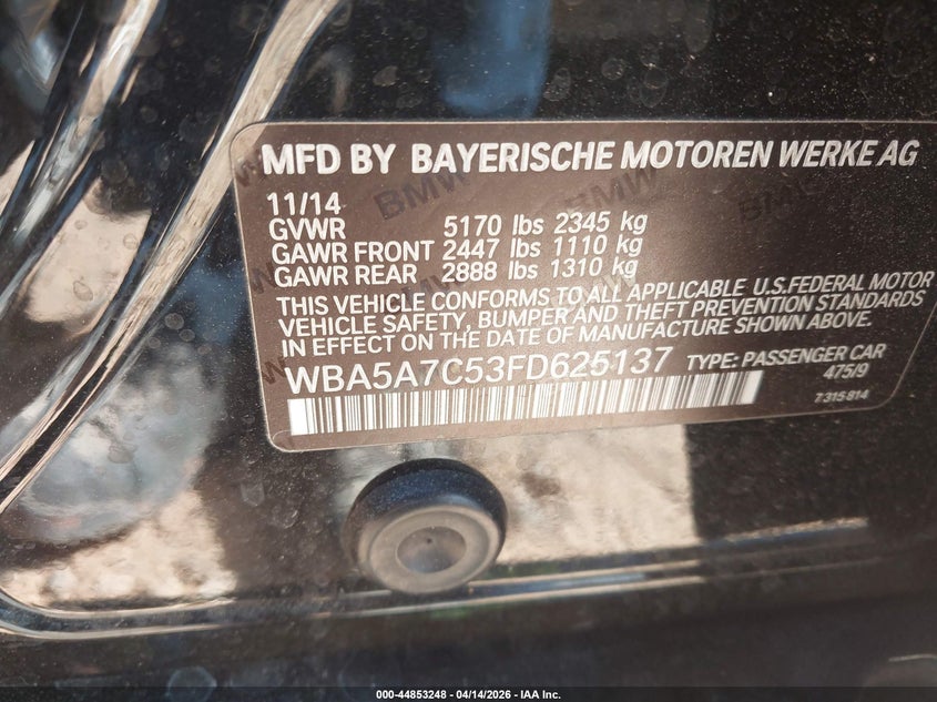 2015 BMW 528I xDrive VIN: WBA5A7C53FD625137 Lot: 44853248