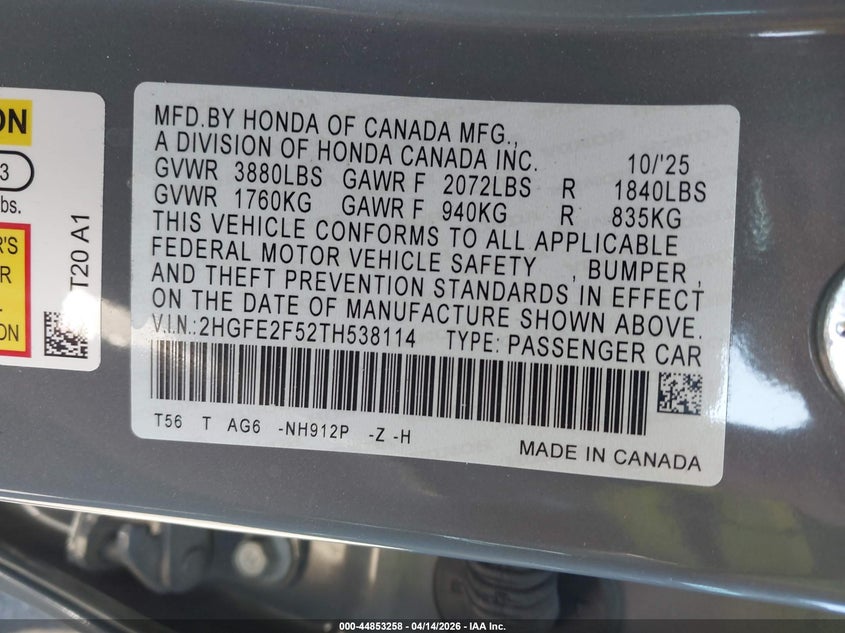2026 Honda Civic 2.0 Sport grey Lot 111044853258 Vin 2HGFE2F52TH538114