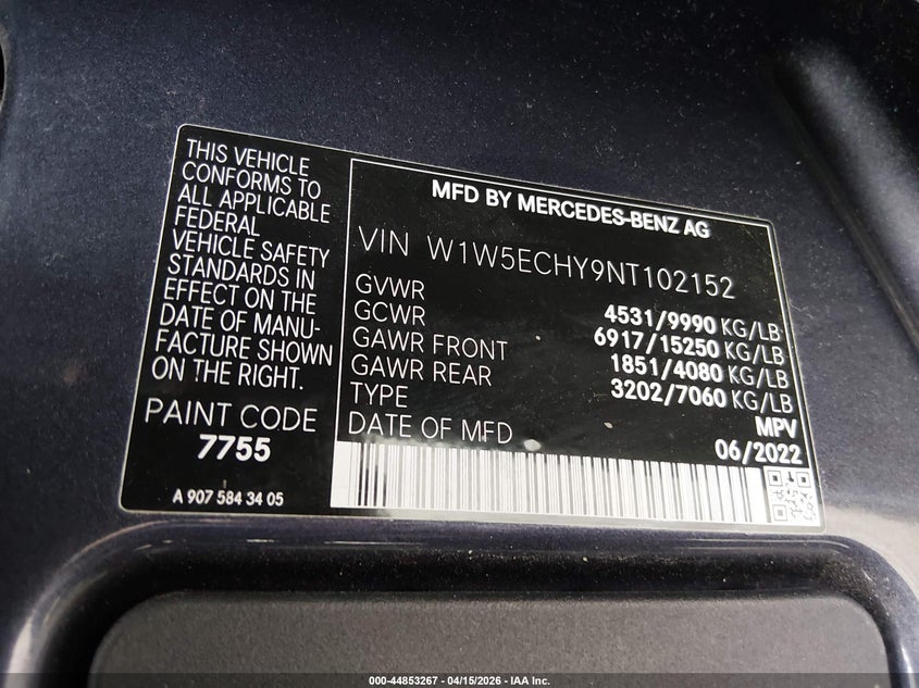 2022 Mercedes-Benz Sprinter 3500 High Roof V6 VIN: W1W5ECHY9NT102152 Lot: 44853267