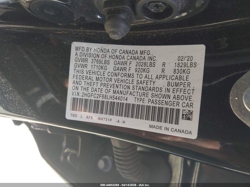 2020 Honda Civic 2.0 Lx black Lot 111044853268 Vin 2HGFC2F68LH544014