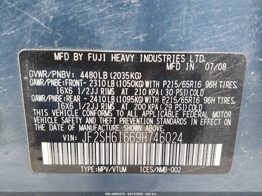 2009 Subaru Forester 2.5X VIN: JF2SH61669H746024 Lot: 44853275