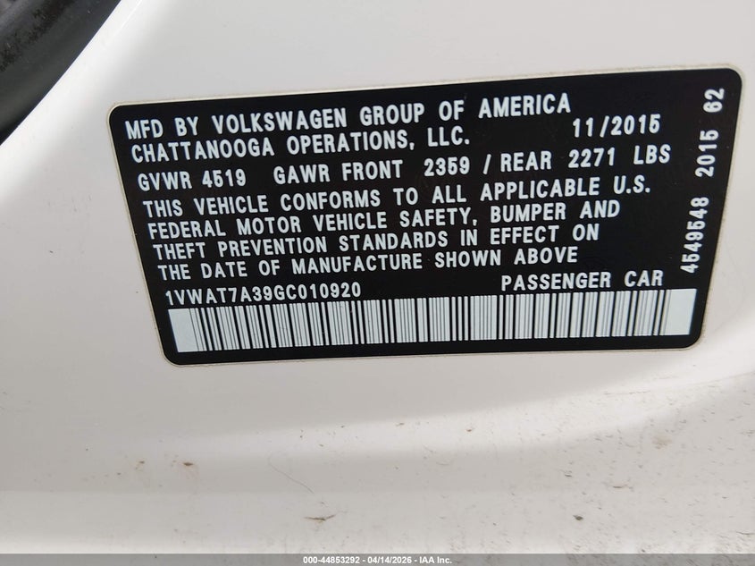 2016 Volkswagen Passat 1.8T S VIN: 1VWAT7A39GC010920 Lot: 44853292