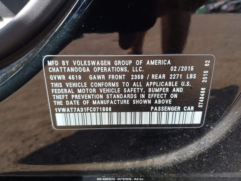 2015 Volkswagen Passat 1.8T S VIN: 1VWAT7A31FC071886 Lot: 44853315