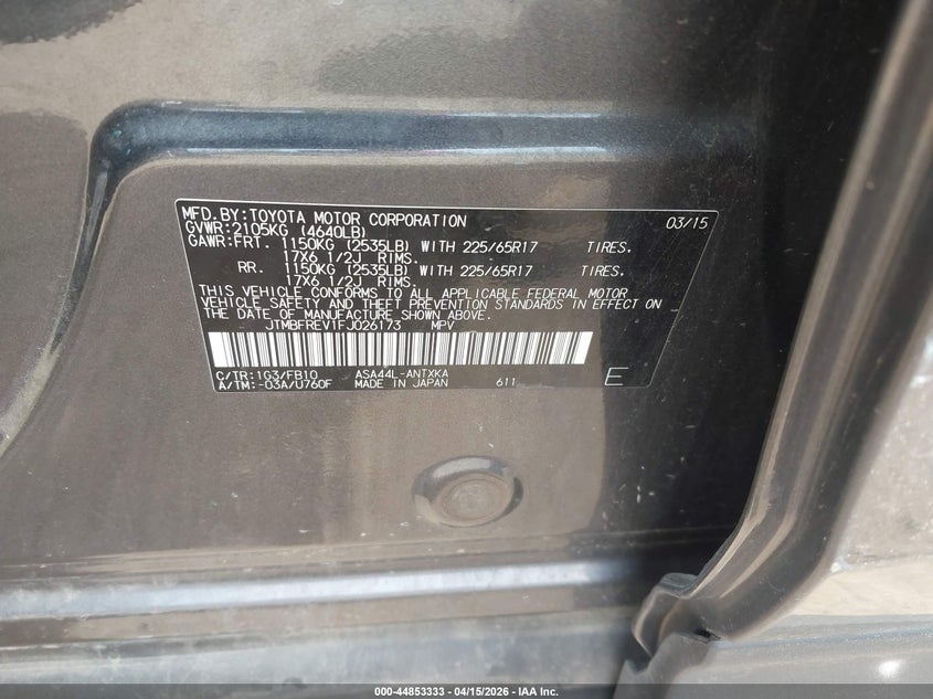 2015 Toyota Rav4 Le VIN: JTMBFREV1FJ026173 Lot: 44853333