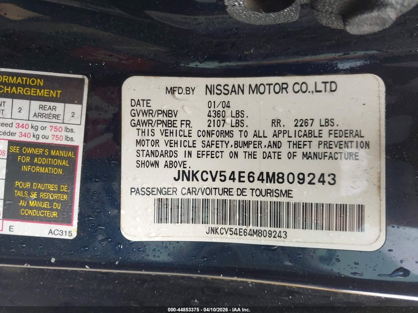 2004 Infiniti G35 VIN: JNKCV54E64M809243 Lot: 44853375
