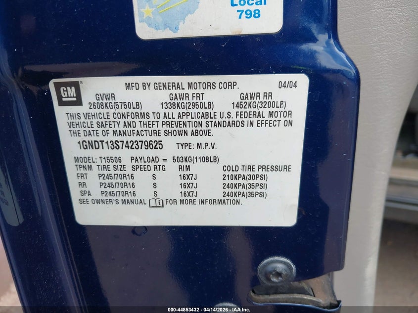 2004 Chevrolet Trailblazer Ls VIN: 1GNDT13S742379625 Lot: 44853432