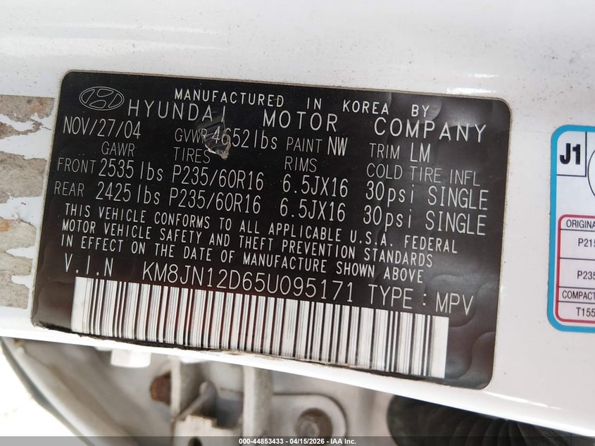 2005 Hyundai Tucson Gls/Lx VIN: KM8JN12D65U095171 Lot: 44853433