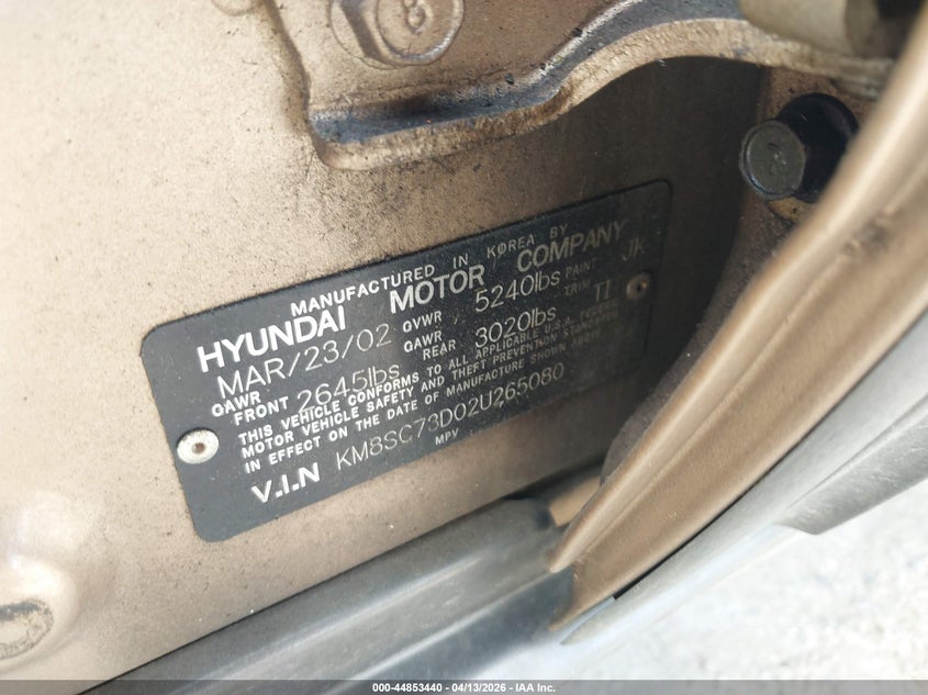 2002 Hyundai Santa Fe Gls/Lx VIN: KM8SC73D02U265080 Lot: 44853440