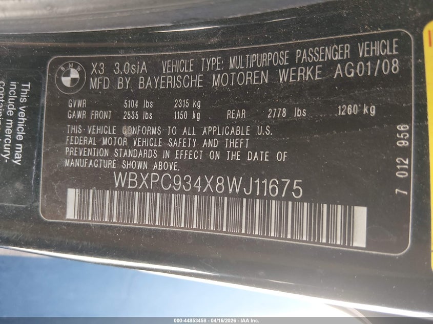 2008 BMW X3 3.0Si VIN: WBXPC934X8WJ11675 Lot: 44853458