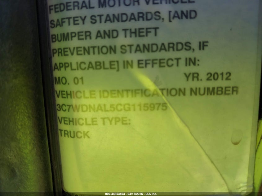 2012 Ram 5500 Chassis St/Slt VIN: 3C7WDNAL5CG115975 Lot: 44853463