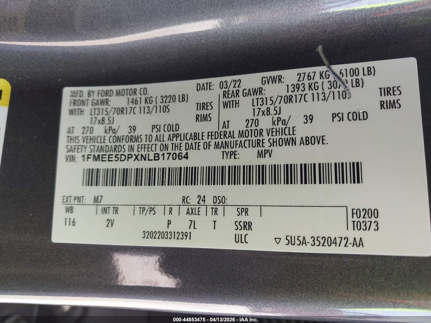 2022 Ford Bronco Outer Banks VIN: 1FMEE5DPXNLB17064 Lot: 44853475