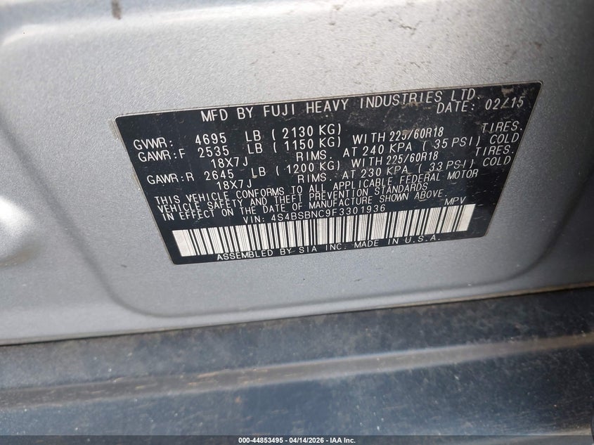 2015 Subaru Outback 2.5I Limited VIN: 4S4BSBNC9F3301936 Lot: 44853495