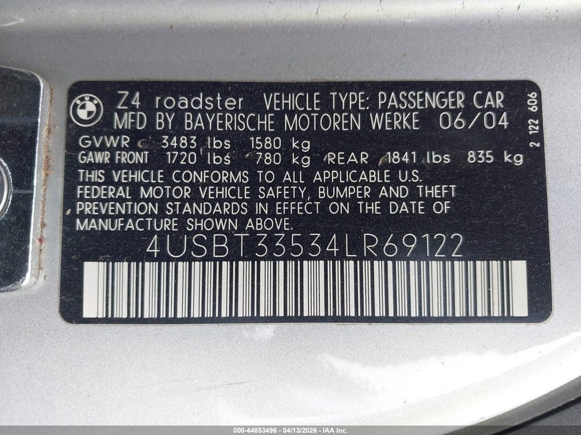 2004 BMW Z4 2.5I VIN: 4USBT33534LR69122 Lot: 44853496