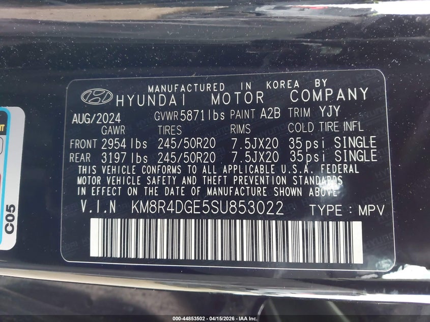 2025 Hyundai Palisade Sel Premium VIN: KM8R4DGE5SU853022 Lot: 44853502