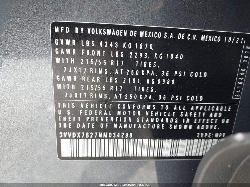 2022 Volkswagen Taos 1.5T S VIN: 3VVDX7B27NM034298 Lot: 44853505