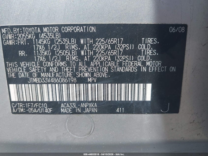 2008 Toyota Rav4 VIN: JTMBD33V486086198 Lot: 44853516