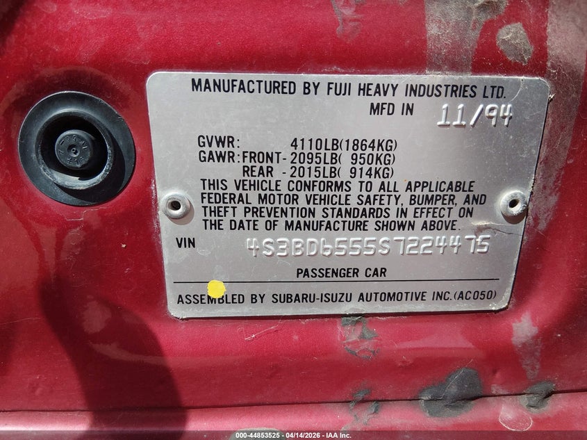 1995 Subaru Legacy Ls/Lsi VIN: 4S3BD6555S7224475 Lot: 44853525