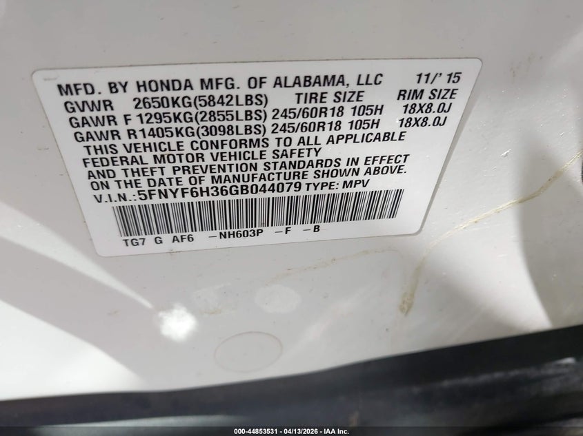 2016 Honda Pilot 3.5 Ex white Lot 111044853531 Vin 5FNYF6H36GB044079
