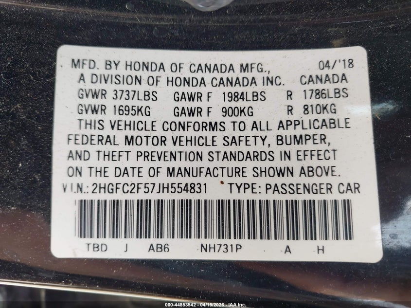 2018 Honda Civic Lx VIN: 2HGFC2F57JH554831 Lot: 44853542