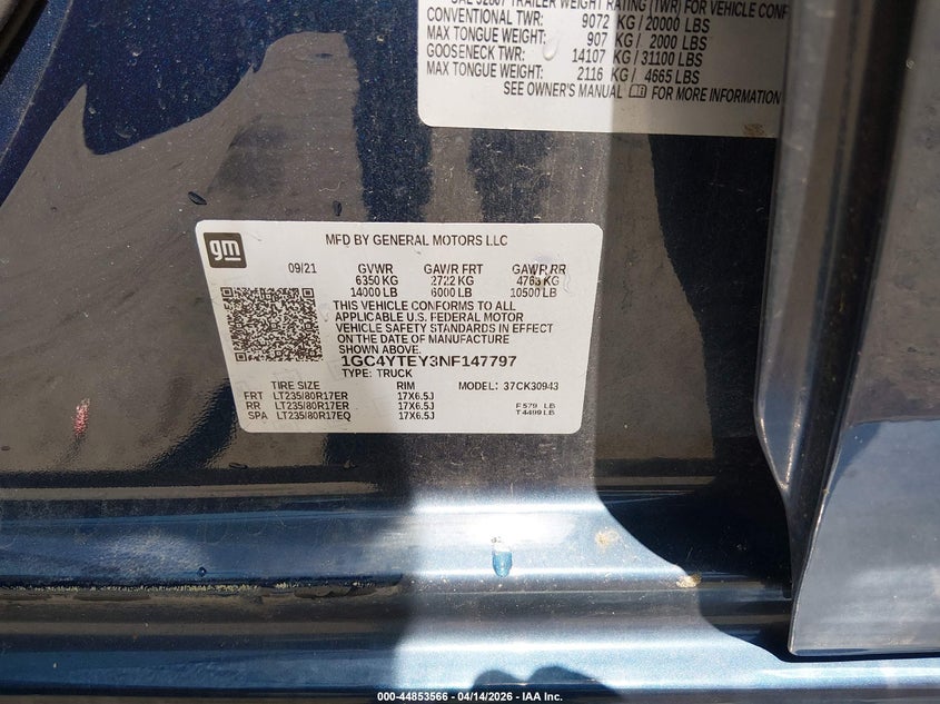 2022 Chevrolet Silverado 3500Hd 4Wd Long Bed Lt VIN: 1GC4YTEY3NF147797 Lot: 44853566