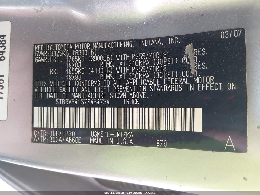 2007 Toyota Tundra Sr5 V8 VIN: 5TBRV54157S454754 Lot: 44853569