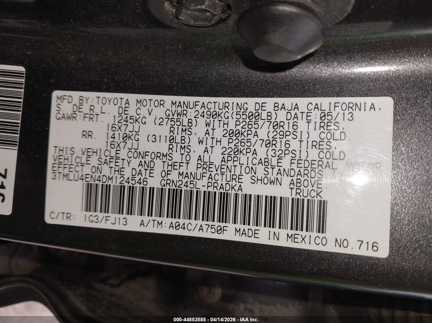 2013 Toyota Tacoma Base V6 VIN: 3TMLU4EN4DM124546 Lot: 44853588