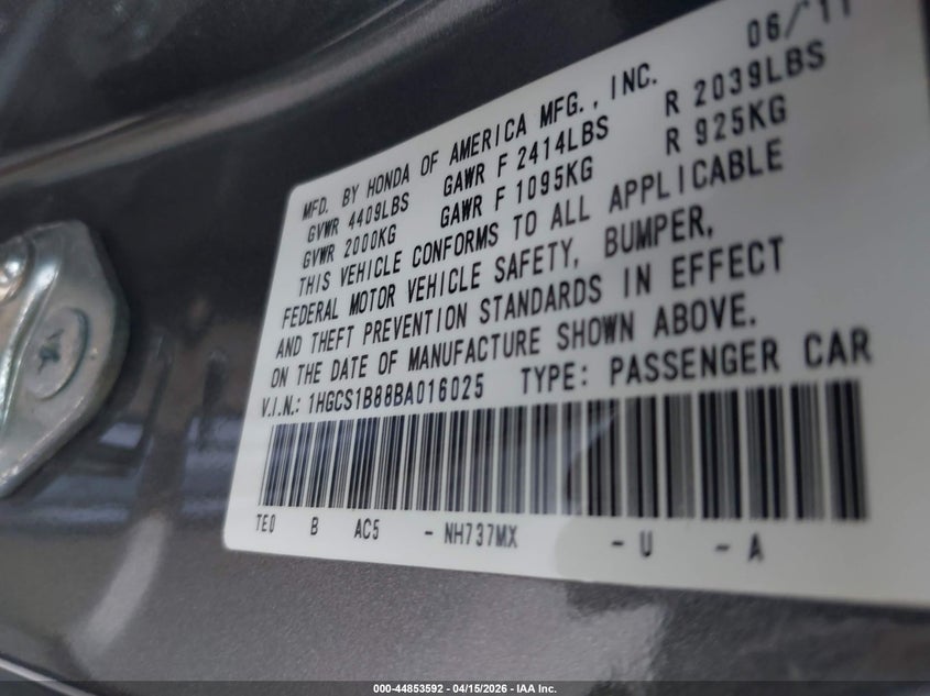 2011 Honda Accord 2.4 Ex-L VIN: 1HGCS1B88BA016025 Lot: 44853592