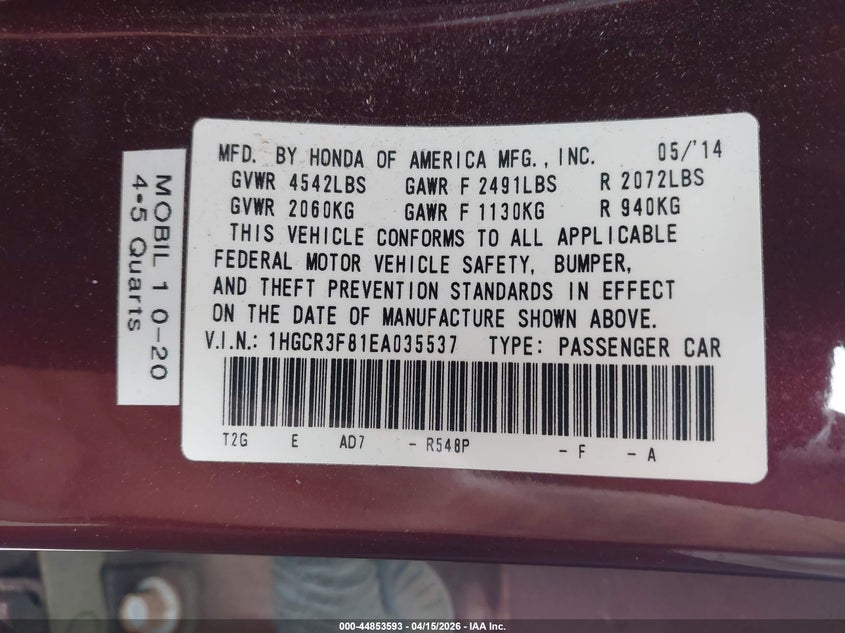 2014 Honda Accord Ex-L V-6 VIN: 1HGCR3F81EA035537 Lot: 44853593