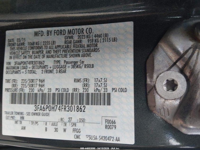 2015 Ford Fusion Se VIN: 3FA6P0H74FR301862 Lot: 44853598