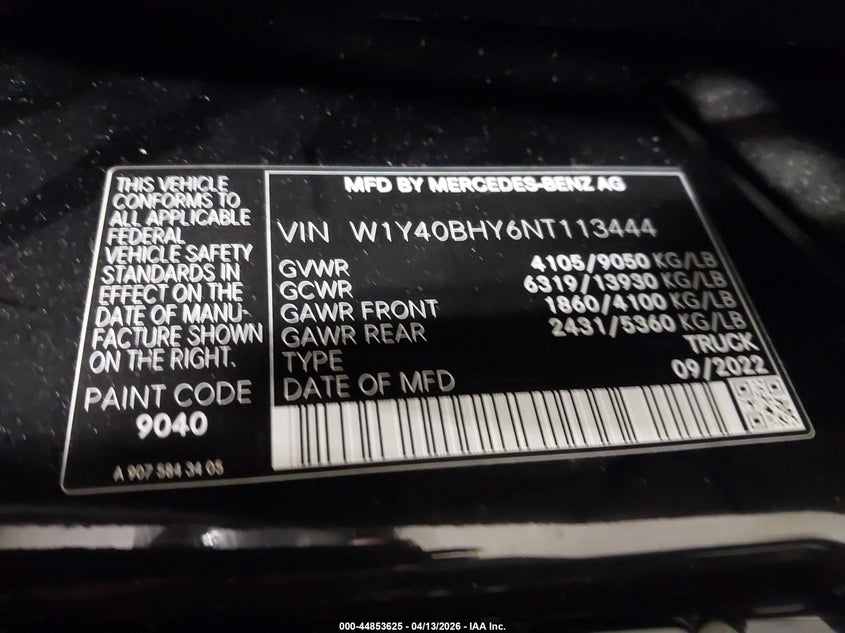 2022 Mercedes-Benz Sprinter 2500 Standard Roof I4 VIN: W1Y40BHY6NT113444 Lot: 44853625
