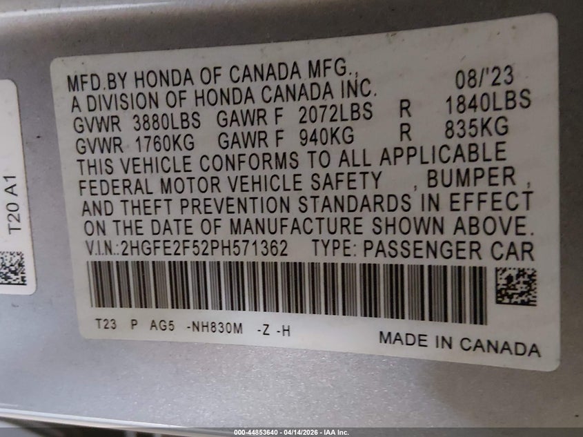 2023 Honda Civic 2.0 Sport silver Lot 111044853640 Vin 2HGFE2F52PH571362
