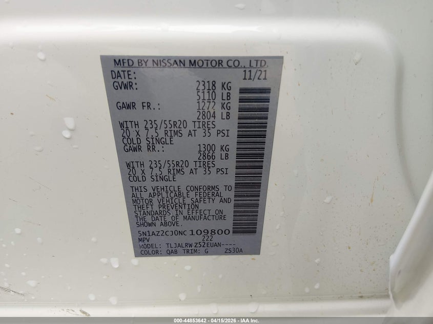 2022 Nissan Murano Sl Fwd VIN: 5N1AZ2CJ0NC109800 Lot: 44853642