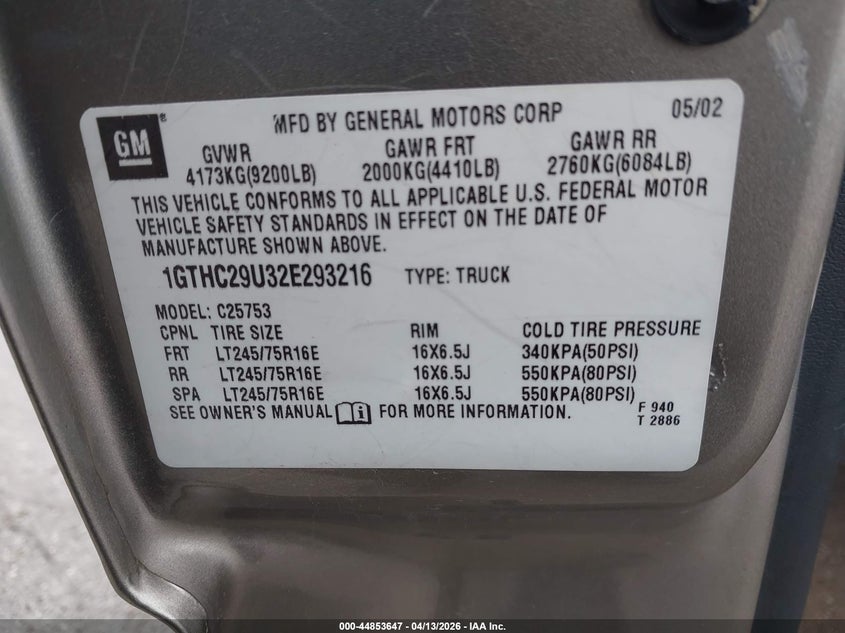 2002 GMC Sierra 2500Hd Sle VIN: 1GTHC29U32E293216 Lot: 44853647