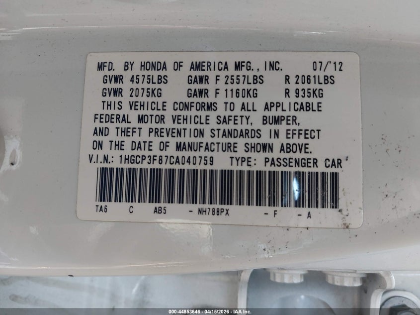 2012 Honda Accord 3.5 Ex-L VIN: 1HGCP3F87CA040759 Lot: 44853646